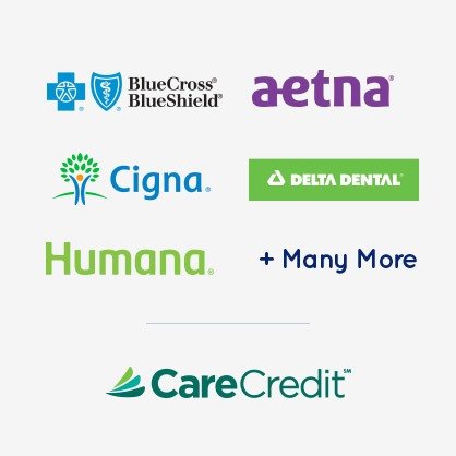 Logos for CareCredit BlueCross BlueShield Aetna Cigna Delta Dental Humana and many more insurances