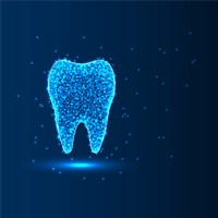 Pixelated tooth on a dark blue background