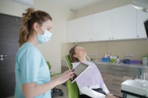 Women at dentist in clean dental office.